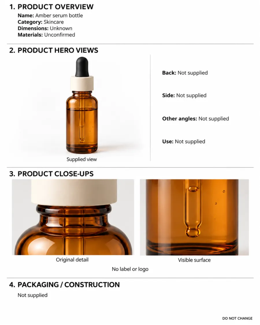 A product sheet for an amber dropper bottle: an overview listing name and category with dimensions unknown, the supplied hero view, back, side and other angles marked not supplied, two close-ups, and packaging not supplied.
